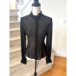 Dolls Kill Widow Black Sheer Victorian Lace High Neck Corset Lace Up Blouse